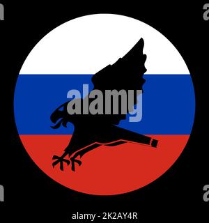 An attacking eagle symbolizing the aggressive, militant Russian Federation under Putin's rule. The predatory bird swoop and attack down trying to grab prey with sharp claws. Conceptual flag of Russia. Stock Photo