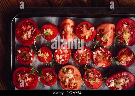 Preparation of Sun-dried Tomatoes. Stock Photo