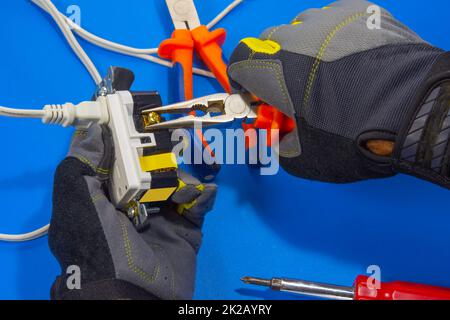 Electrician adjusts a screw on an electrical outlet Stock Photo