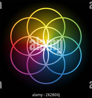 Rainbow colored Seed of Life, over black, prestage of Flower of Life Stock Photo