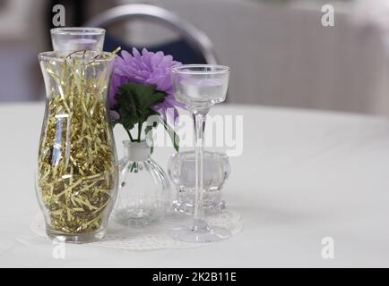 Table Decorations at Small Rural Wedding Event Stock Photo