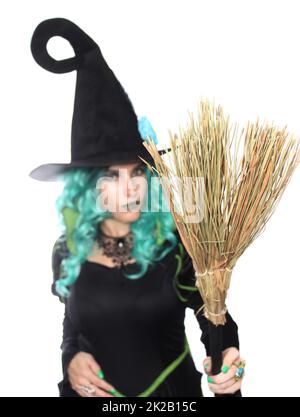 Witch With Green Hair and Broom on White Background Stock Photo