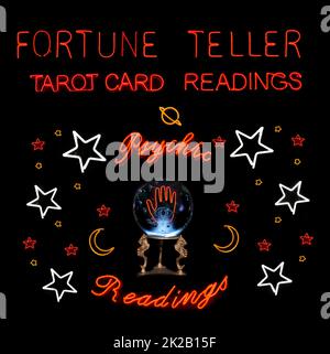 Fortune Teller Neon Sign With Crystal Ball Photo Composite Image Stock Photo