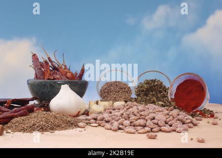 Spices Pinto Beans With Paprika and Mexican Oregano Stock Photo