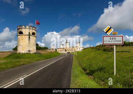 Vineyards with Chateau Cos d'Estournel, Bordeaux, Aquitaine, France Stock Photo