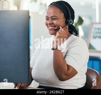 Black woman, computer sales and call center support, customer service and consulting advice, talking and loan helping in office. Happy african Stock Photo