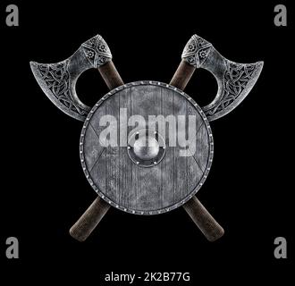 Round shield and two crossed axes isolated on black background Stock Photo