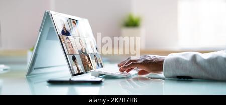 Virtual Business Presentation Or Videoconferencing On Hybrid Screen Stock Photo