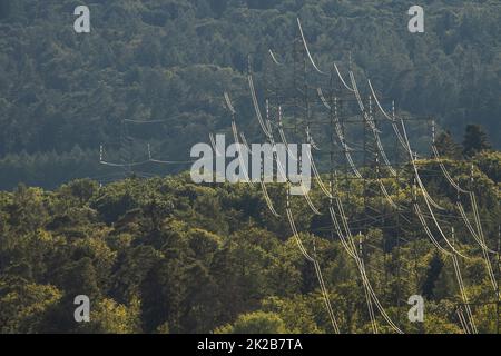 High voltage electric pylon and electrical wire with grey sky and white clouds. Electricity poles. Power and energy concept. High voltage grid tower with wire cable. Infrastructure. Power distribution Stock Photo