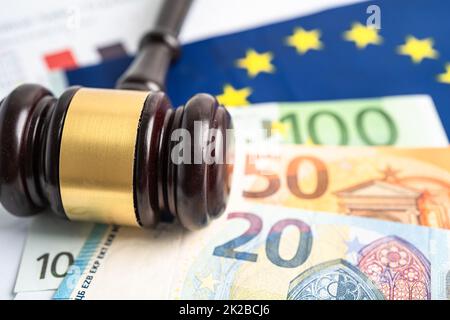 EU flag with gavel  and Euro banknote for judge lawyer. Law and justice court concept.