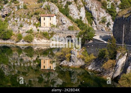 Lake San Domenico with Eremo di San Domenico near Scanno, Province of L'Aquila, region of Abruzzo, Italy Stock Photo