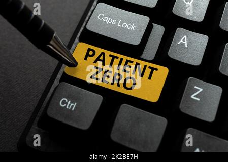 Text showing inspiration Patient Zero. Business overview primary disease carrier of the highlycontagious disease Typing Online Tourist Guidebook, Searching Internet Ideas And Designs Stock Photo