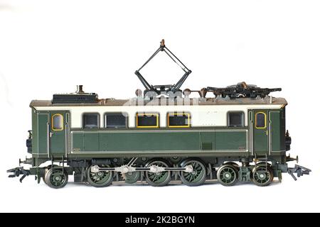 Old model trains - streetcar. Model trains and streetcar. Stock Photo