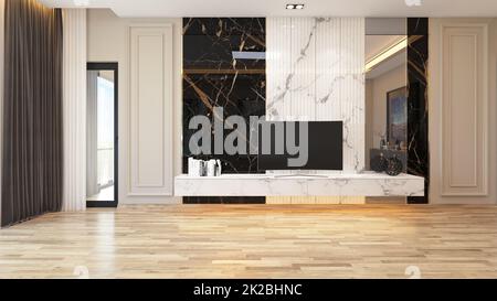 Modern tv unit with marble concept in living room 3d rendering Stock Photo