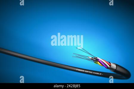 Fiber-optic cable over blue background. Stock Photo