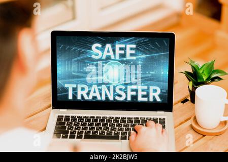 Writing displaying text Safe Transfer. Business idea transmitting the patient from a surface to a bed with care Woman Typing On Laptop Beside Coffe Mug And Plant Working From Home. Stock Photo