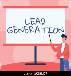 Text sign showing Lead Generation. Business concept initiation of consumer interest or enquiry into products Teacher In Jacket Drawing Standing Pointing Stick At Whiteboard. Stock Photo