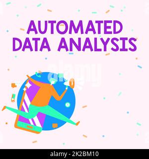 Handwriting text Automated Data Analysis. Internet Concept automatic decision making based on big data Man Drawing Holding Megaphone Running With Phone Making Comments. Stock Photo