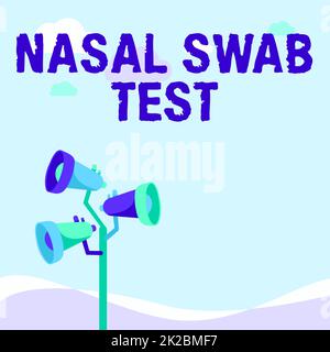 Text showing inspiration Nasal Swab Test. Business approach diagnosing an upper respiratory tract infection through nasal secretion Pole Megaphones Drawing Making Announcement To An Open Space. Stock Photo