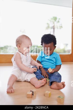 Learning and growing together. A shot of two adorable babies playing with building blocks. Stock Photo