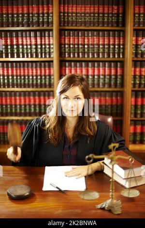 Shes an expert in the legal world. Shot of a young legal professional sitting at her desk in a study. Stock Photo