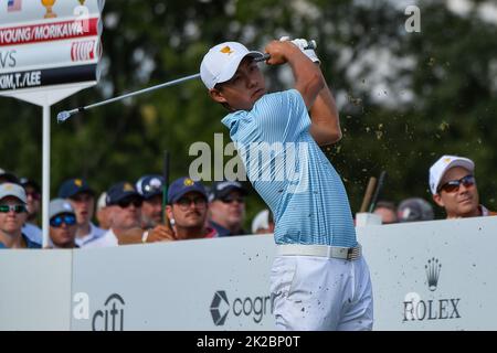 Charlotte, NC, USA. 22nd Sep, 2022. Collin Morikawa hits his tee shot on the fourteenth hole during the Presidents Cup at Quail Hollow Club in Charlotte, NC. Brian Bishop/CSM/Alamy Live News Stock Photo