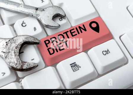 Text sign showing Protein Diet. Business overview low in fat or carbohydrate consumption weight loss plan Abstract Typing Presentation Message, Retyping New Email Password Stock Photo