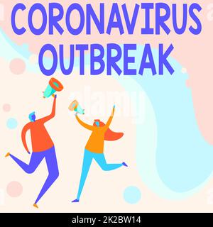 Conceptual display Coronavirus Outbreak. Business idea infectious disease caused by newly discovered COVID19 Illustration Of Partners Jumping Around Sharing Thoughts Through Megaphone. Stock Photo