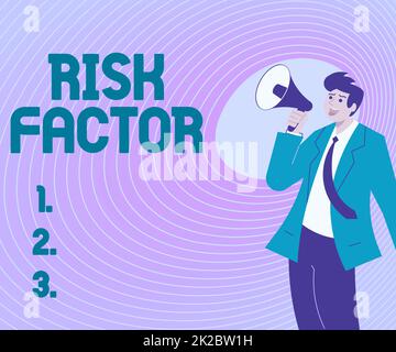 Inspiration showing sign Risk Factor. Word Written on Characteristic that may increase the percentage of acquiring a disease Illustration Of A Man Pointing Away Holding Megaphone Making New Announcement Stock Photo