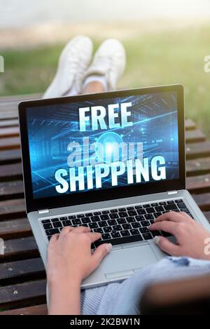 Conceptual caption Free Shipping. Word Written on retailing strategy primarily used to attract more customers Laptop Resting On Lap Of Woman With Cross Leg Accomplishing Remote Job. Stock Photo