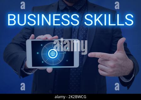 Conceptual caption Business Skills. Business showcase An ability to acquire systematic effort of job functions Man holding Screen Of Mobile Phone Showing The Futuristic Technology. Stock Photo