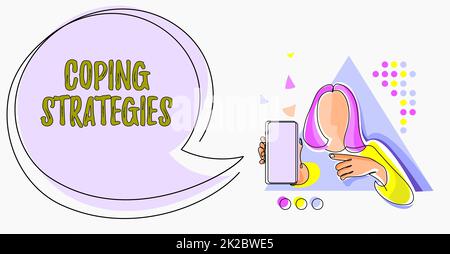 Text sign showing Coping Strategies. Word for general plan or set of plans intended to achieve something Line Drawing For Lady Holding Phone Presenting New Ideas With Speech Bubble. Stock Photo