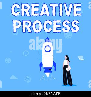 Text sign showing Creative Process. Business concept act of making new connections between old ideas Unique Illustration Of Casual Girl Standing Beside Rocket Ship Ready To Launch Stock Photo