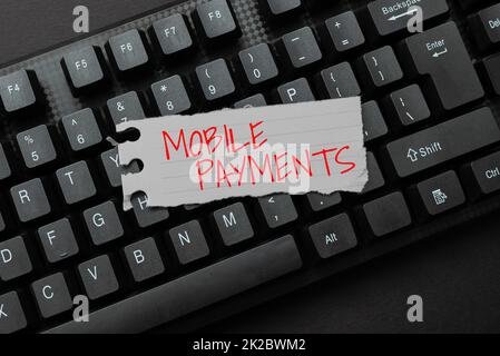 Writing displaying text Mobile Payments. Business approach financial transaction processed through a smartphone Abstract Typing Online Invitation Letters, Fixing Word Processing Program Stock Photo