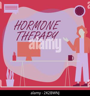 Sign displaying Hormone Therapy. Business showcase use of hormones in treating of menopausal symptoms Woman Standing Office Using Laptop With Speech Bubble Beside Plant Vase. Stock Photo