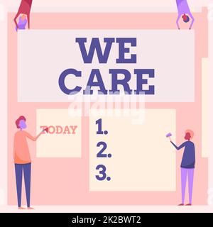 Writing displaying text We Care. Internet Concept We Care Four Colleagues Drawing Standing Holding Different Sized Blank Sheet. Stock Photo