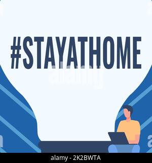 Hand writing sign Hashtag Stay at home. Business concept a trending label in social media related to the coronvirus outbreak Gentleman Sitting And Using Laptop Beside A Large Light Bulb. Stock Photo