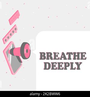 Conceptual caption Breathe Deeply. Business overview to take a large breath of air into your lungs To pause Monitor Drawing With Megaphone Producing Lighting To Message . Stock Photo