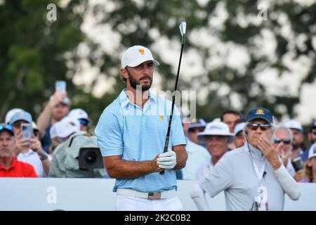 Charlotte, NC, USA. 22nd Sep, 2022. Max Homa on the fourteenth tee during the Presidents Cup at Quail Hollow Club in Charlotte, NC. Brian Bishop/CSM/Alamy Live News Stock Photo