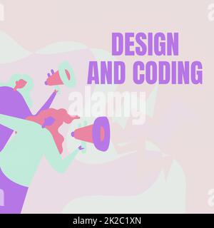Text showing inspiration Design And Coding. Business concept tool that can be used in design and planning process Women Drawing Holding Megaphones Making Announcement To The Public. Stock Photo