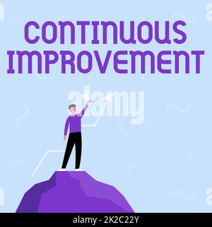 Conceptual display Continuous Improvement. Business concept Ongoing Effort to Advance Never ending changes Businessman Drawing Standing On Big Rock Proudly Holding Trophy. Stock Photo