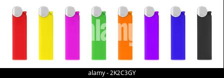 Colored Cigarette Lighters on white with clipping path Red Black Green Orange Pink Purple Red Yellow Stock Photo