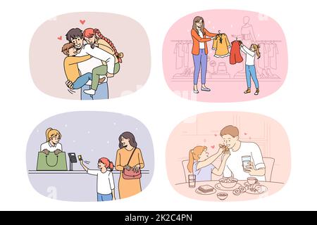 Set of happy loving parents enjoy time with kids Stock Photo