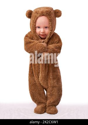 Teddys have never been cuter. Studio shot of a little boy dressed up as a teddy bear. Stock Photo