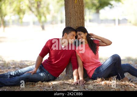 Young love. Shot of an affectionate young couple sitting together under a tree in the park. Stock Photo