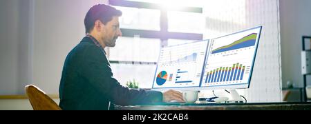 Man Advisor Using Multiple Computer Monitors Stock Photo