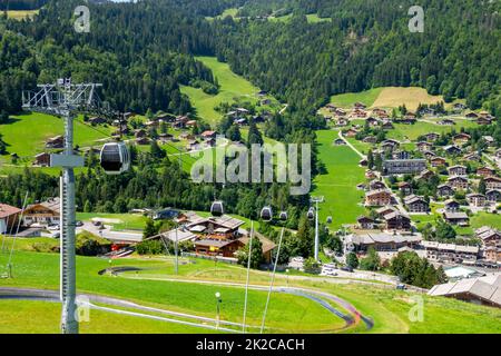 Gondola above the village of La Clusaz, France Stock Photo