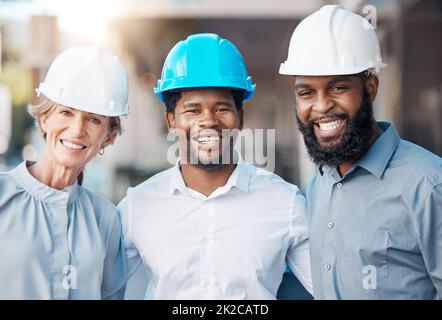 Architect portrait, work diversity and construction workers working on building project together, happy with architecture and industrial team in the Stock Photo