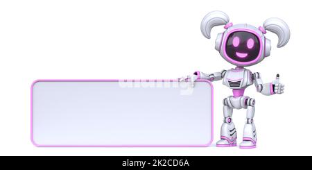 Cute pink girl robot holding blank rectangle board 3D Stock Photo