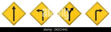 Four yellow signs with arrows on a white background Stock Photo